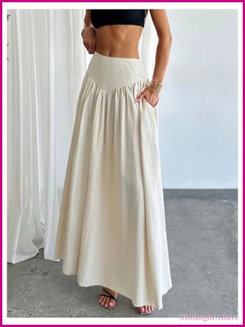 Women's High Waist Pleated Flowy Long Maxi Skirt with Pocket